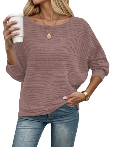 WNEEDU Pull Femme Chic et Elegant Fin Automne Hiver Manches Chauve Souris | Léger sweater, tricoté top, pullover col bateau, à épaules nues, haut chaud, manches longues