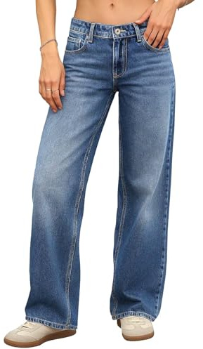 ELLEVEN Low Rise Baggy Jeans for Women Trendy Stretchy Y2K Wide Leg Jeans Boyfriend Straight Leg Denim Pants Blue Denim 6