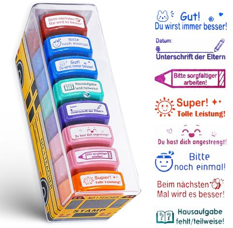 8er-Set Lehrer Stempel Selbstfärbend Bunt mit Box Motivation Korrektur | Für Schule & Unterricht, Bunte Stempelfarbe, Homeschooling Zubehör, Ideal zum Lehrertag