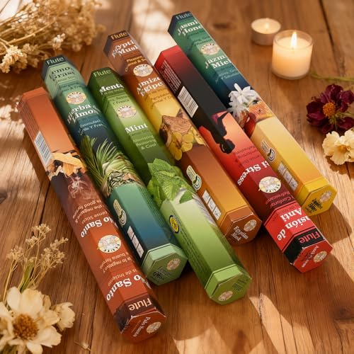 SKUTZTEK Räucherstäbchen Set, 120 Sticks(6 Boxen je 20 Stück) Intensiver Duft und Lange Brennzeit, für Yoga, Meditation und Entspannung (Moschus Jasmin Zitrone Palo Santo Minze Stressabbau)