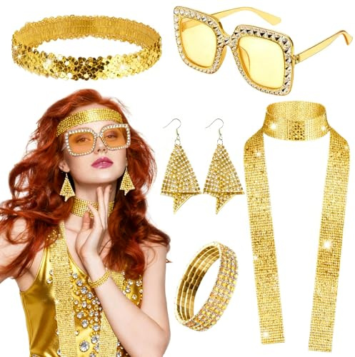 CIYIN 5 Stück Disco Accessoires Damen, 70er Jahre Kostüm Damen Disco Glitzer mit Pailletten Ohrringe Stirnband Armband Halskette Sonnenbrille, 70er 80er Jahre Outfit Damens (Gold)