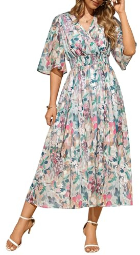 PASUDA Abiti Donna Estivi Vestiti Manica Corta Vestito Lungo Elegante Scollo a V Boho Stampa Floreale Elastico a Vita Alta Abito da Mare Spiaggia Casual Cocktail Party (Fiori Colorati, M)