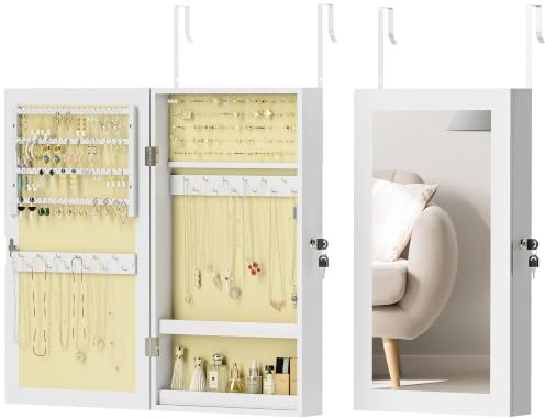 HOMCOM Wall-Mounted Jewelry Cabinet with Mirror, Over Door or Wall, White | Lock, Multiple Compartments, for Earrings Necklaces Rings Bracelets, Cream Velvet Lining