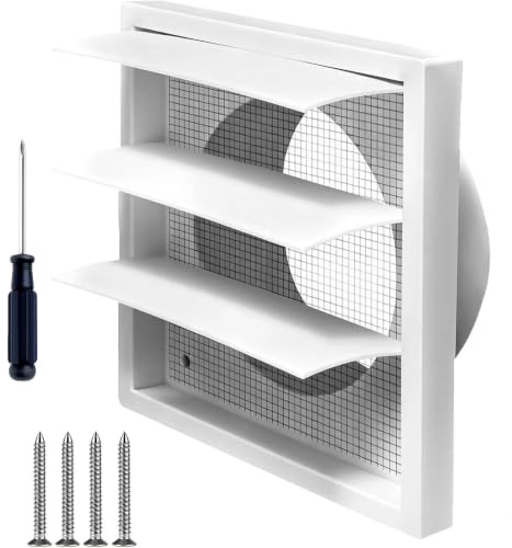 140mm x 140mm External Wall Air Vent Cover, White Gravity Grille with Flyscreen, Exhaust Vent for Extractor Fan & Tumble Dryer, Bathroom Kitchen Garage Attic Vent, Includes Screwdriver