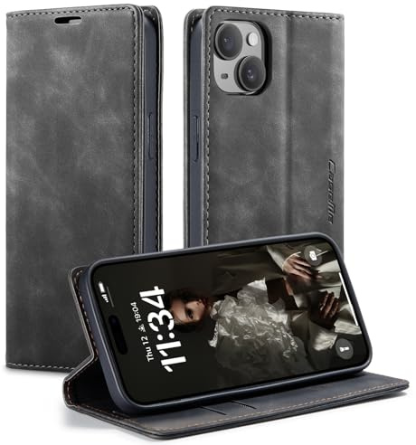 KZB für iPhone 13 Hülle, Magnet Leder Klapphülle Stoßfest | Retro PU Leder, 2 Kartenfach, Standfunktion, Schutzhülle, Flip Case, Handyhülle für iPhone 13 6,1'', Grau