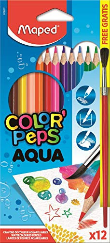 Maped - Pinturas de Madera - Lápices de Colores Aqua - 12 Pinturas de Colores - Incluye 1 Pincel - Mina Acuarelable - Ideal para Humedecer con el Pincel Tras su Aplicación