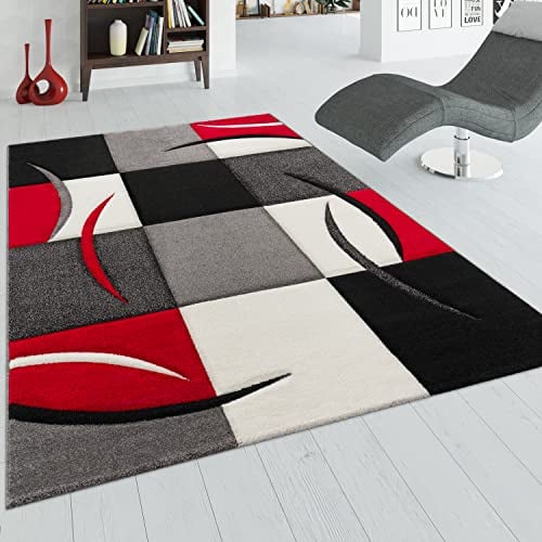 Paco Home Designer Teppich mit Konturenschnitt Karo Muster Rot Schwarz, Grösse:80x150 cm