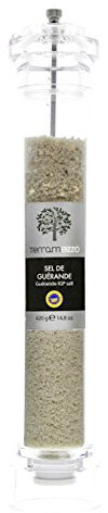 Terramezzo Guerande - Molinillo de cerámica de sal (420 g x 30 cm de alto) cosechado a mano con sal marina gris de las marismas salinas de Guerande sin refinar y sin blanquear, procesado de la manera