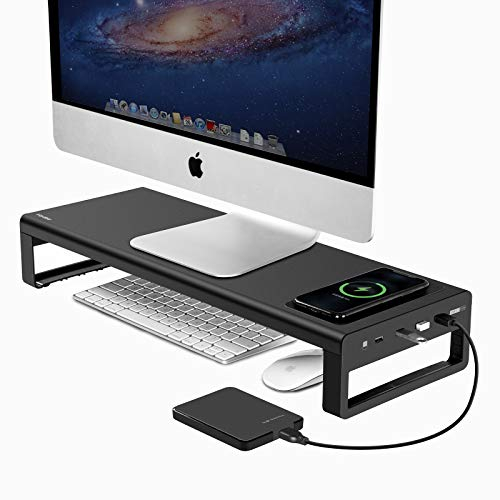 VAYDEER Monitor Stand with Wireless Charging,3 USB 3.0 Ports, 20W Type C Fast Charging, RGB Metal Computer Stand Riser for Desk,PC Screen Shelf for Office, Laptop, Computer,Printer up to 32 Inches