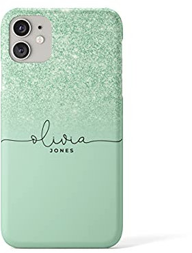 Tirita Personalised Initials Custom Hard Phone Case Compatible with iPhone 11 PRINTED GLITTER, NOT REAL GLITTER Ombre Sequins Effect Pale Mint Green