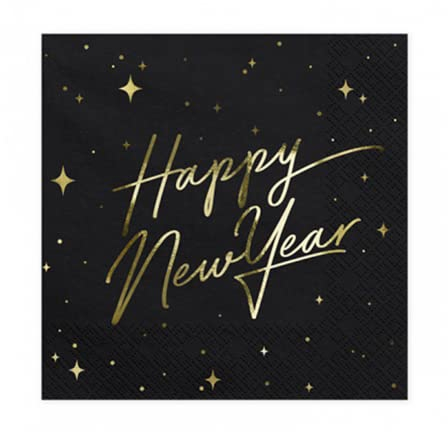 PartyDeco Papierservietten Happy New Year- Schwarze Servietten mit goldmetallischer Happy New Year Aufschrift - Schwarz/GoldSilvester Neujahr Party Dekoration Einweg Découpage