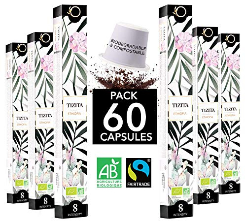 Nespresso Kapseln Kompatibel | BIO FAIRTRADE Arabica Kaffee in Kapseln Biologisch abbaubar | TIZITA Sortenreiner Kaffee Äthiopien (Mokka), 60 Kaffeekapseln | Traditionelle Röstung