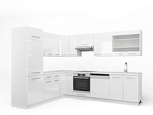 Vicco Eckküche Fame-Line, Weiß Hochglanz/Weiß, 287 x 227 cm | 14 Module · Höhenverstellbare Füße · Ohne Arbeitsplatte · MDF-Fronten · Softclose · Metallgriffe