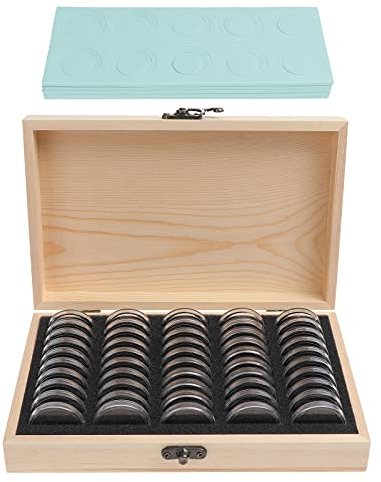 HonGien Boîtes à Pièces de Monnaie en Bois, Pièces de Monnaie Boîte de Protection avec 50 Capsules Rondes en Plastique, Boite Rangement Pièces de Collection pour 18mm/21mm/23mm/25mm/27mm/30mm