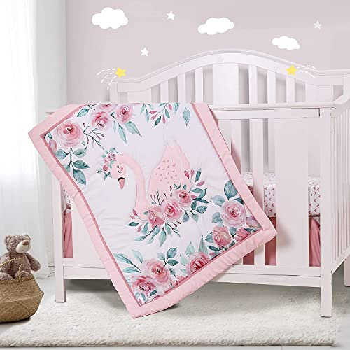 YJM Parure de lit 3 pièces motif cygne pour filles – Drap de lit, jupe, couette incluse – Rose