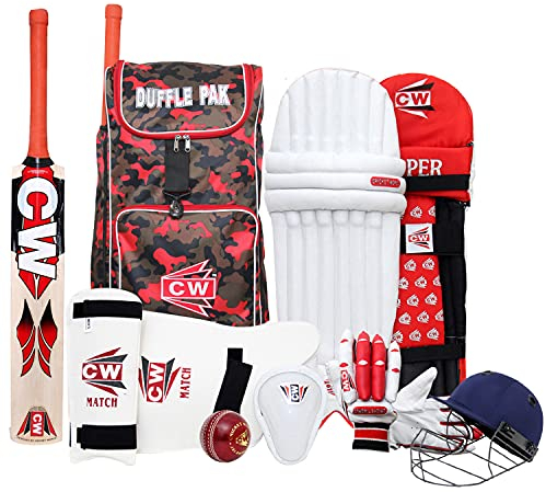 CW County Cricket-Set, Camouflauge-Rucksack, vollständiges Set für Jungen – Mädchen Cricket-Set mit Schläger, komplette Cricket-Ausrüstung, Lederball, Kaschmir-Weide,