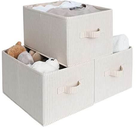 StorageWorks Shelf Storage Boxes, Large Storage Baskets for Shelves, Rectangular Closet Organisers with Handles, Foldable Closet Storage Baskets for Utility Room, Beige Stripes, 3-Pack