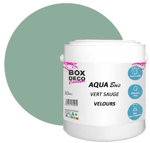 BOX DECO COULEURS Peinture meuble bois acrylique aspect velours-satin Aqua Bois - 2,5L, Vert Sauge