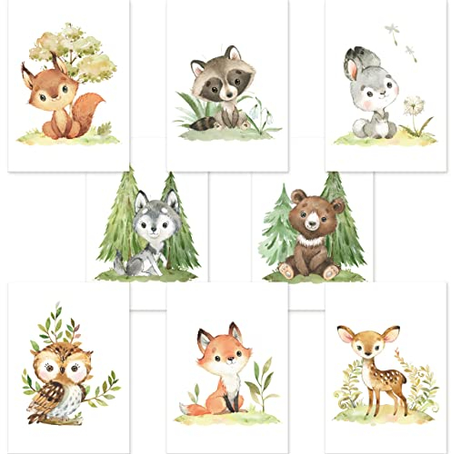 CreativeRobin 8er Poster-Set Waldtiere Kinderzimmer I Babyzimmer Deko I Reh, Fuchs, Bär etc. mit Flora