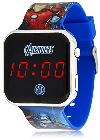 Accutime AVG4706 LED Kinderuhr Avengers, Digitaluhr mit LED-Anzeige für Uhrzeit und Datum, Weiches Acryl-Armband, Lange Batterielaufzeit, Abschalt Automatik, Uhr für Jungen und Mädchen, Blau