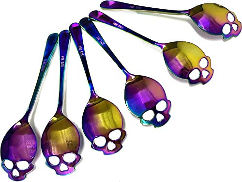 ANUBE Skull Sugar Spoon 304 Edelstahl Tee und Kaffee Rührlöffel Set von 6 Stück Kaffeeschaufel Löffel (Regenbogen)