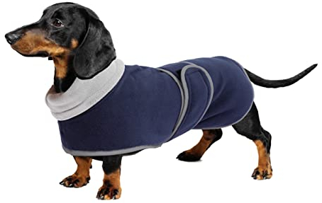 Geyecete-Polarfleece Winter hundemantel fur Dackel,Miniatur Dackel Pullover,Warmes Einstellbar Hundejacke Hundeweste mit Geschirr öffnung-Navy Blau-XS