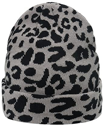 GIVBRO Frauen Leopard Print Baskenmütze Strickmütze Beanie Mütze Winter Warm Hut Casual Kostüm Zubehör Grau