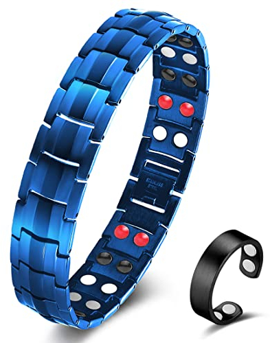 Vicmag Bracciale magnetico da uomo in acciaio al titanio, doppia fila, magneti ultra spessi con strumento di regolazione e confezione regalo (blu 4 elementi)
