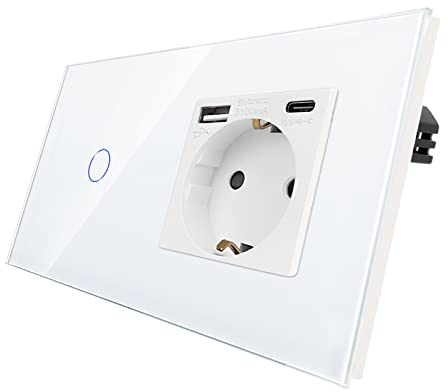CNBINGO Interruptor de luz táctil con enchufe Schuko con puertos USB (tipo C y tipo A 3,1 amp total) – Enchufe USB empotrado, interruptor de pared de cristal simple en blanco – 1 vía