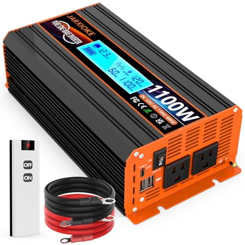 1100 Watt Pure Sine Wave Power Inverter 12V DC to 110V 120V Converter for Family RV Off Grid Solar System Car with Type-C Ports 2 AC Power Outlets Dual USB Ports LCD Display Wireless Remote Control…
