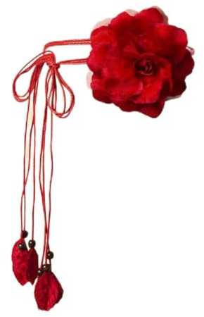 SHTGOI Damen Blumengürtel Chiffon Flower Brautgürtel Verstellbarer Quaste Gürtel Gewebte Gürtelbund Blumenkranz Vintage Taillengürtel Hüftgürtel Deko für Festival Party Hochzeit Strand 150cm Rot