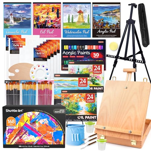 Shuttle Art 168 Piezas Kit Pintura, Maletin Pintura de Lujo con Caballete de Aluminio y Madera, 102 Pinturas Mixtas, Lienzo, Pinceles, Juego Pinturas para Niños, Adultos, Artistas