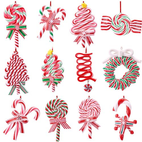 Joiedomi 12 Adornos de Piruleta de Navidad Con Bastones, Árboles, Coronas y Cinturones de Caramelo - Diseños Para Decoración de Árbol