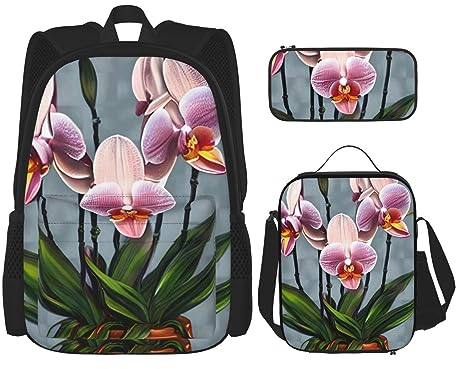 Blühende Orchideen Große Kapazität Rucksack Mittagessen Tasche Stifttasche 3-teiliges Set für Büro Reisen Camping Unisex, Schwarz , Einheitsgröße