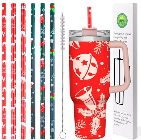 AIERSA 6 Pack Christmas Straw Replacement for Stanley 30&40oz Tumbler, Plastic Reusable Long Straws With Cleaning Brush for Cup Accessories