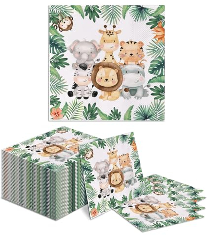 Kotkiddy® 20 Stück Servietten Kindergeburtstag,Servietten Dschungel,Party Motiv Tiere,Blätter,Grün für Waldtiere Geburtstag und servietten Tiere 33x33cm