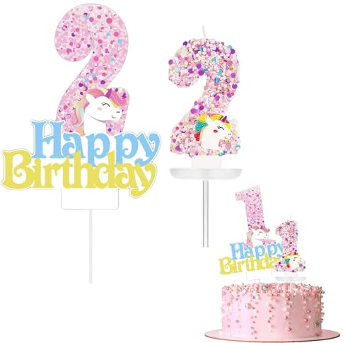 Happy 2nd Birthday Unicorn Cake Topper & Candle Set, Cupcake Toppers, Cake Decorations for Girls' 2nd Birthday Unicorn Theme Party