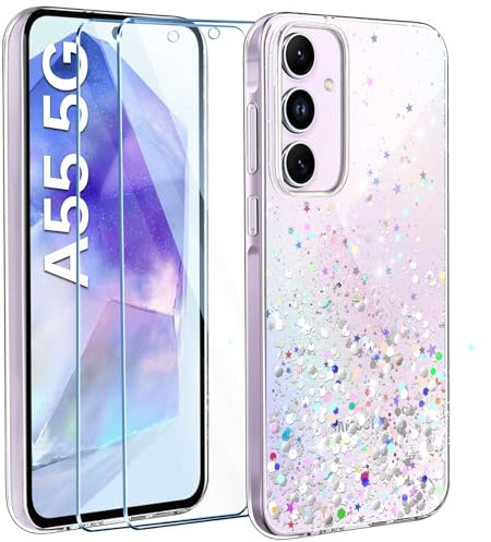 ivencase Glitzer Handyhülle Kompatibel mit Samsung Galaxy A55 5G Hülle, Klar Silikon Case+2 Stück Schutzfolie, Transparent Pailletten Kratzfest Hülle Weich TPU Stoßfeste Schutzhülle Samsung A55