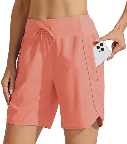 WILLIT Short de sport court pour femme - Taille haute - Short de course d'été - Séchage rapide - Pantalon de randonnée - Short de sport - Fitness - Course à pied - Avec poches - 17,8 cm, Rose corail