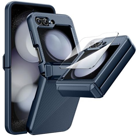 Doeshine for Samsung Galaxy Z Flip 5 Case with Hinge Protection & Built-in Screen Protector, Slim Fit Non-Slip Stylish Texture Shockproof Rugged Phone Protective Cover for Galaxy Z Flip 5 5G (Blue)