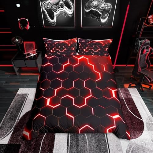 Honeycomb Bettwäsche Set 135x200,Rot Schwarz Geometrische Bettbezug Neon Glitter Hexagon Geometrie Tröstenbezug für Kinder Jungen Teen Männer Weiche Leichte Quilt Cover Schlafzimmer Schlafsaal Dekor