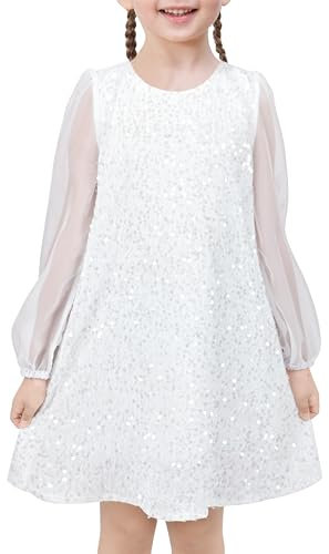 Sunny Fashion Girls Dress White Sequin Sheer Mesh Long Sleeve Party Pageant Wedding Age 10 Years
