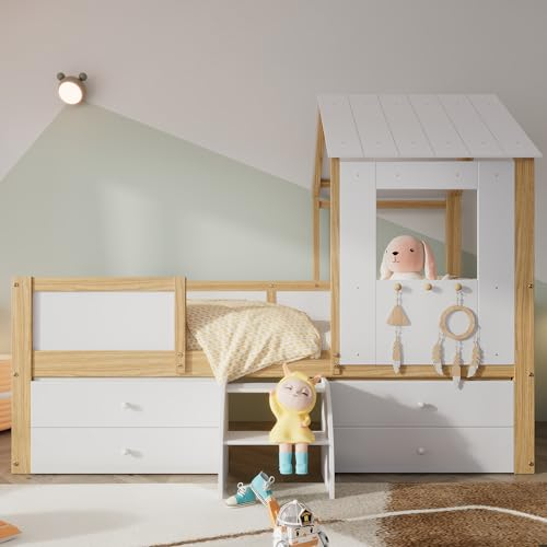Moimhear Kinderbett, halbhohes Bett, Hausbett mit Dach und Fenster, Vierseitiger Zaun, mit 4 Schubladen und kleine Treppe, Kiefer+MDF+Sperrholz, Weiß+Natur, 90x200cm