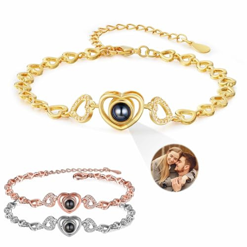 Wonvin Collection Personalisierte Projektion Armband mit Foto individuelles Bild und verschiedene in Stein Geschenke für Mama Papa Freund Freundin Männer Frauen Paare (Metall Herz)