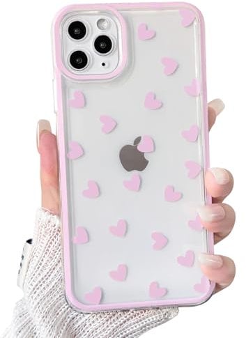 NITITOP Compatible with iPhone 11 Pro Max Case Cute Clear Pink Durable Love Heart Pattern for Girls Women Soft TPU Transparent Colourful Frame Full Camera Lens Shockproof Protective Cover - Pink