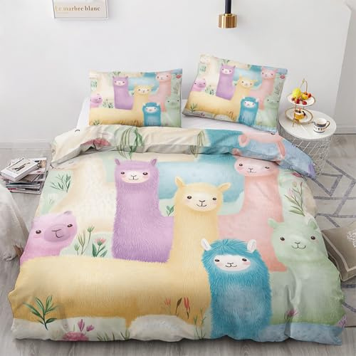 zcwl Kinder Alpaka Bettwäsche 155x200, Cartoon-Tier Bettbezug Set 2 teilig, Weiche Kuschelige Mikrofaser Bettwäsche-Sets, Wendebettwäsche und 1 Kissenbezug 80x80 mit Reißverschluss