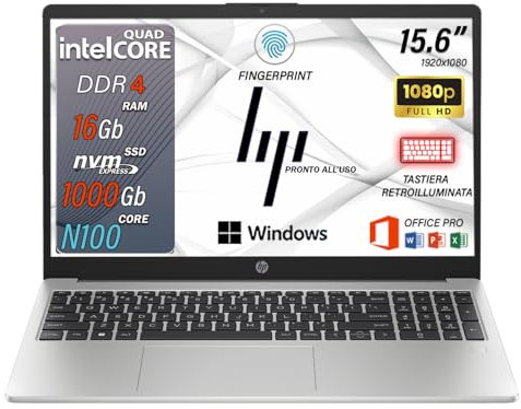 HP 250 G10, Notebook Pc portatile, intel 4 core fino a 3.4 ghz, 16Gb ram, SSD 1 tb, Display 15.6 FHD, tastiera retroilluminata, Windows 11 Pro, pronto all'utilizzo