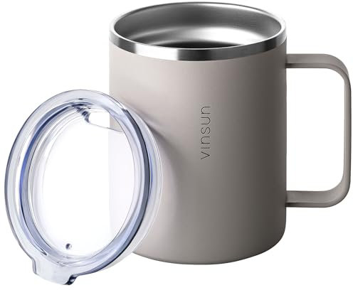 VINSUN Gobelet Isotherme avec Poignée 350ml - Tasse à Café à Emporter, Acier Inoxydable, Couvercle Transparent, Double Paroi - Mug Isotherme pour Bureau, Camping, Voyage
