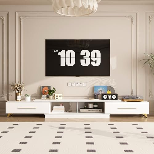 PREMTURE Extendable TV Stand for TVs up to 75, Modern TV Cabinet with 2 Drawers & Metal Legs, 260cm Long Entertainment Center, TV Console Table for Living Room, White