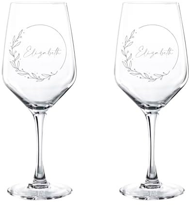 PROMO SHOP - Copas de Vino Personalizadas con Nombre, Grabado a Láser, Copa de Cristal Grabada, Regalo para Parejas, San Valentín (Círculo y nombre, Pack 2 Copas)